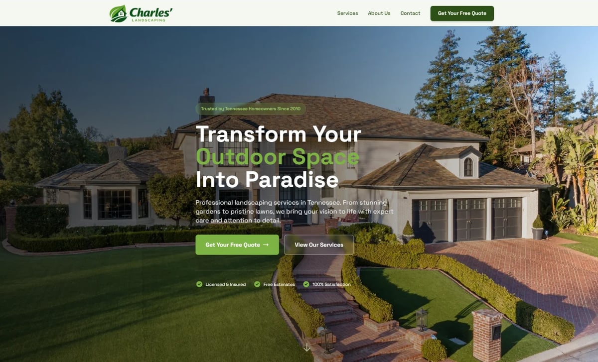 Modern home with manicured landscaping and text overlay reading Transform Your Outdoor Space Into Paradise