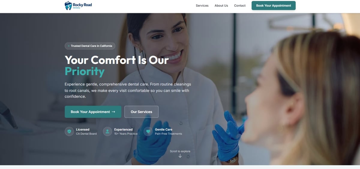 Dentist in blue gloves smiling at patient with text Your Comfort Is Our Priority and appointment booking options