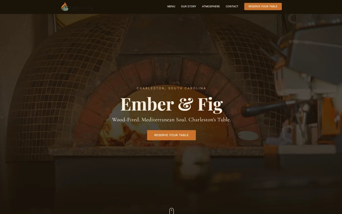 Ember & Fig restaurant website mockup with wood-fired oven